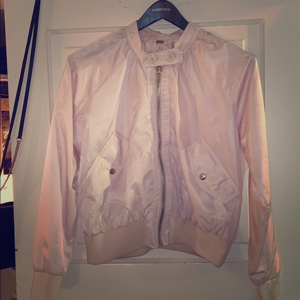 FREE PEOPLE BABY PINK NYLON SPRING BOMBER JACKET